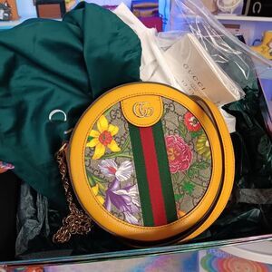 NIB GUCCI GG Supreme Monogram Flora Web Ophidia Round Crossbody Shoulder Bag Yel